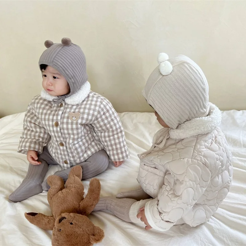 

Шерстяной утепленный пуховый кардиган с отложным воротником и карманами, верхняя одежда, клетчатая одежда, милое зимнее пальто для новорожденных мальчиков и девочек 0-3 лет