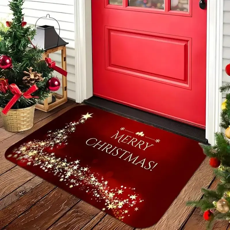 VIKAMA Christmas Welcome Mat Merry Xmas Star Print Door Rug Non Slip For Entryway Front Door Indoor Outdoor Holiday Decor