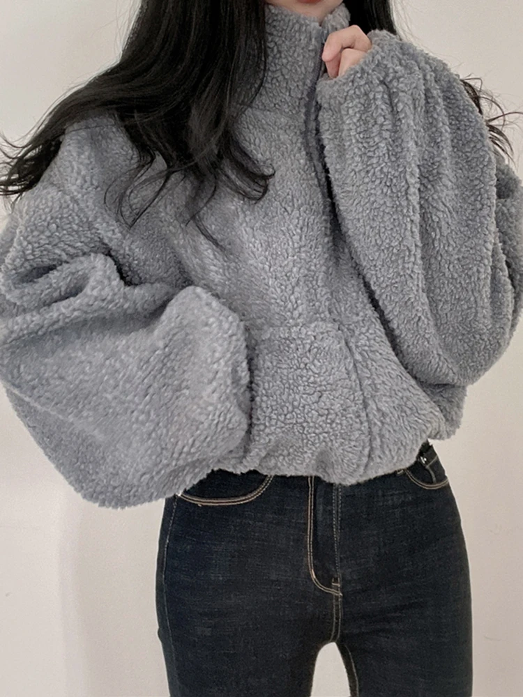 Fashion Loose Zippers Warm Berber Fleece Cardigan Women Autumn Winter Sweater Cardigan Stand-up Collar Knitted Large Size Tops