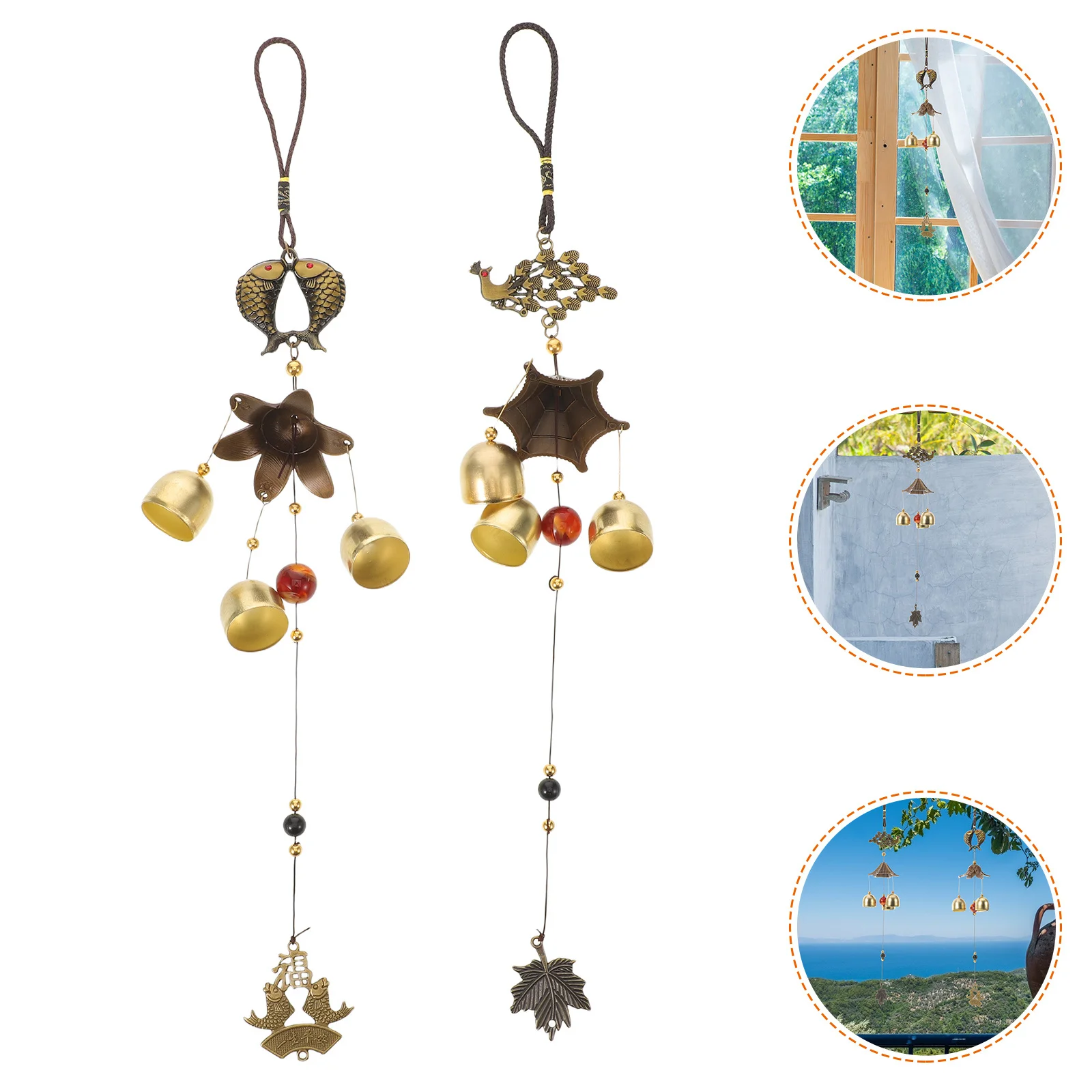 

4Pcs Feng Shui Wind Chime Vintage Metal Lucky Bell Hanging Fish and Peacock Outdoor Garden Patio Decoration for Good Fortune