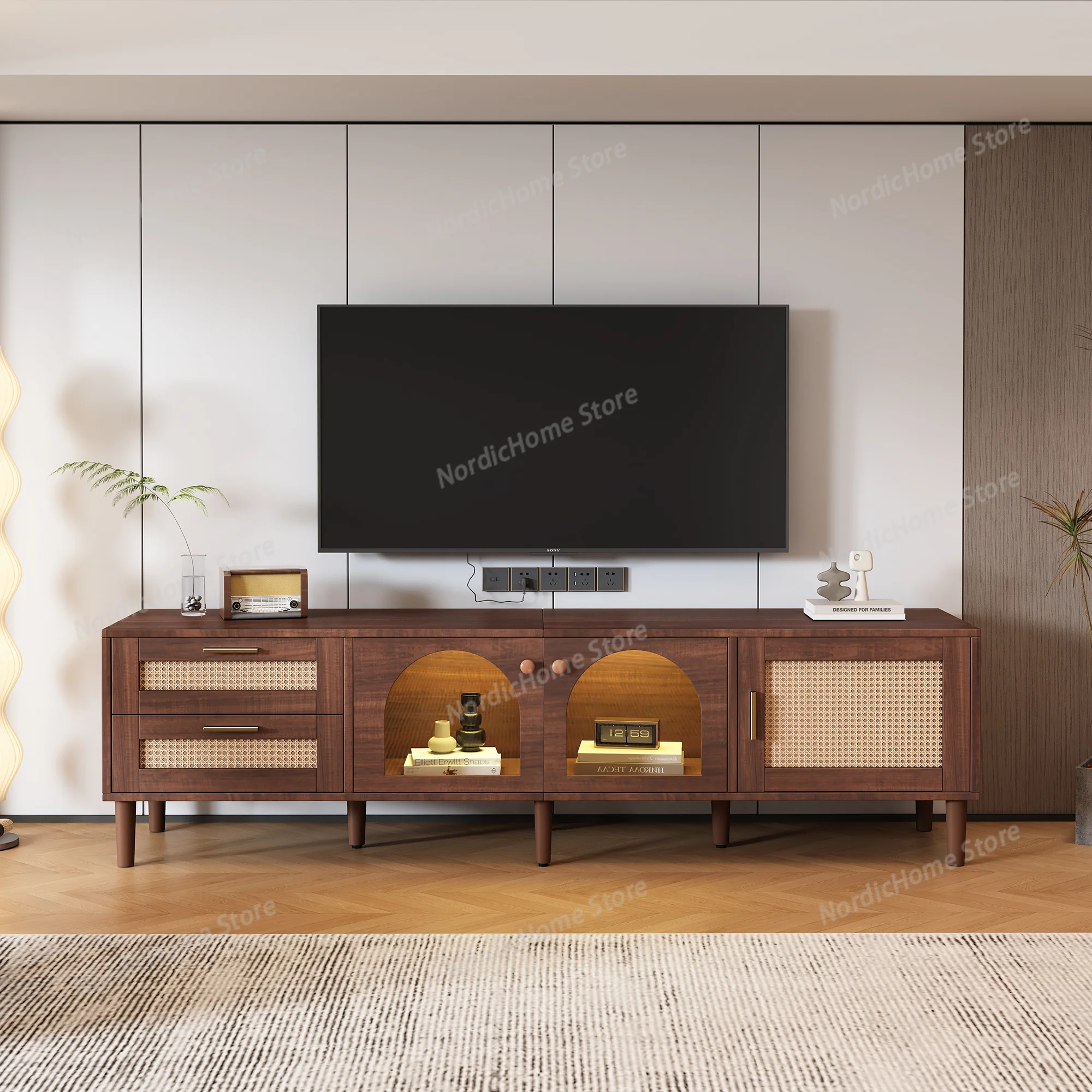 KOMHTOM TV wardrobe 180 cm For 80-inch TV with 2 rattan drawers, 2 arched glass doors and 1 rattan door LED lighting