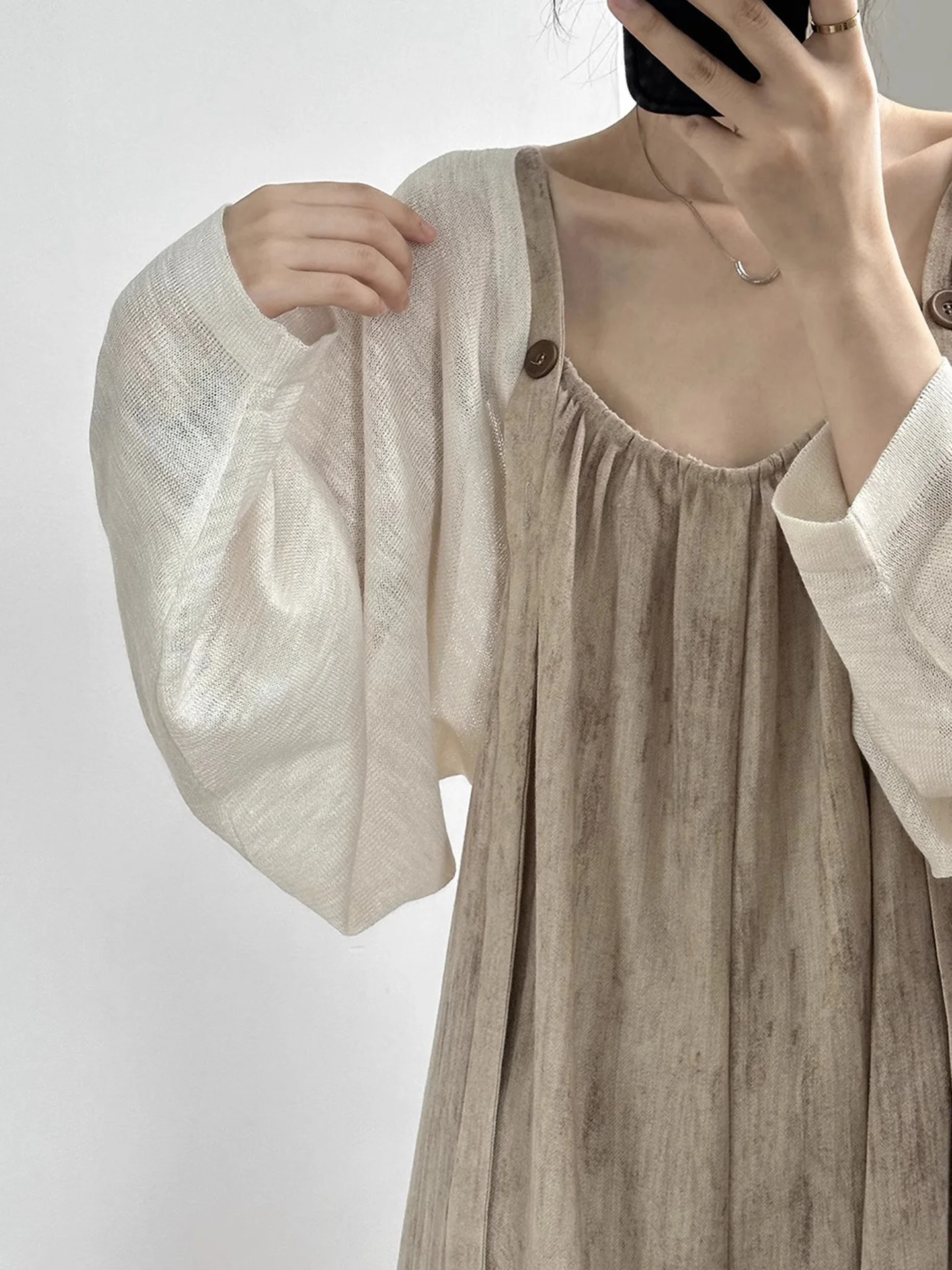 

White Ice Silk Knitted Batwing Sleeve Open Cardigan Women's Summer Thin Sun Protection Cover Soft Bamboo Fiber Long Sleeve
