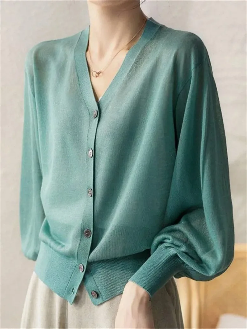

Cardigan Women Thin Sun-proof Summer Knitted Simple Casual Solid Temperament Single Breasted Sheer Vacation Mujer Clothes Ropa