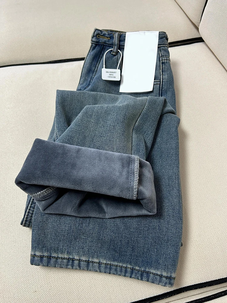 

Винтажные толстые женские джинсы большого размера, зимние универсальные брюки высокого качества с широкими штанинами, повседневные свободные прямые брюки с высокой талией