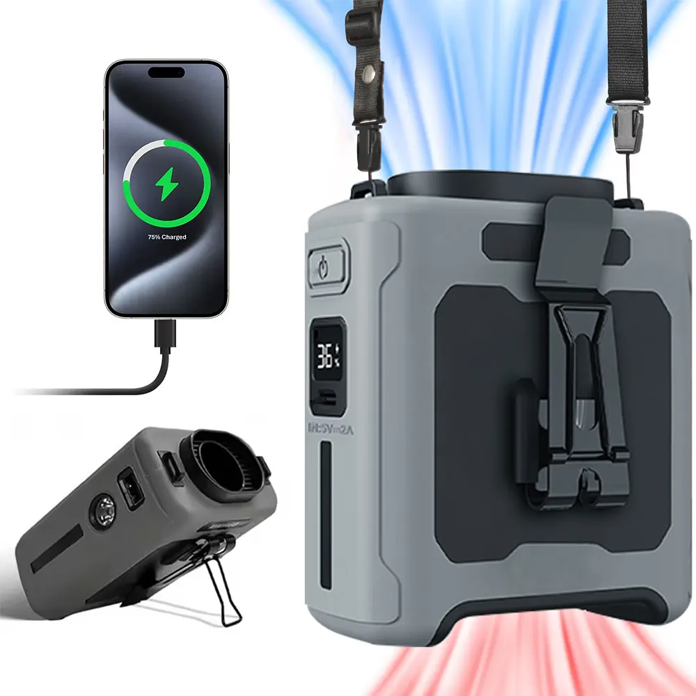 10000 mAh Portable Waist-Mounted Fan, Neck-Mounted Fan, with Mobile Power Supply, LED Lighting, 5-Speed Strong Wind Cooling Fan
