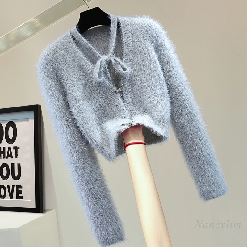 Bow Strap Mohair Knitted Sweater Women Spring Fall High Waist Short Solid Color V-neck Skinny Stretch Grey Cardigan Top