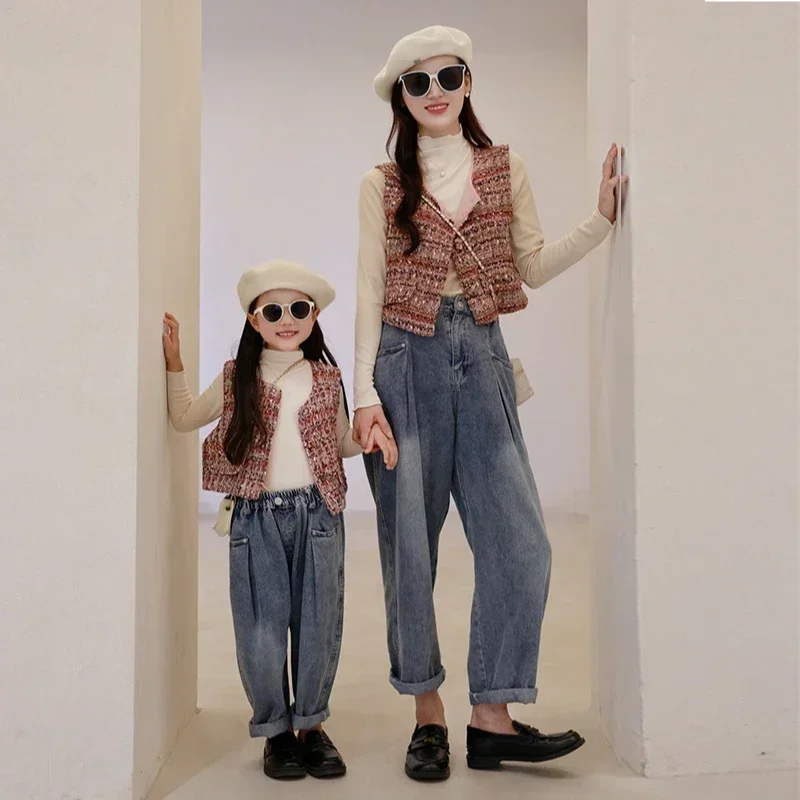 2024 Mom and Daughter Matching Equal Costume Fashion Mummy and Me Vest Pullover Jeans Mother and Daughter Clothes Women Clothing