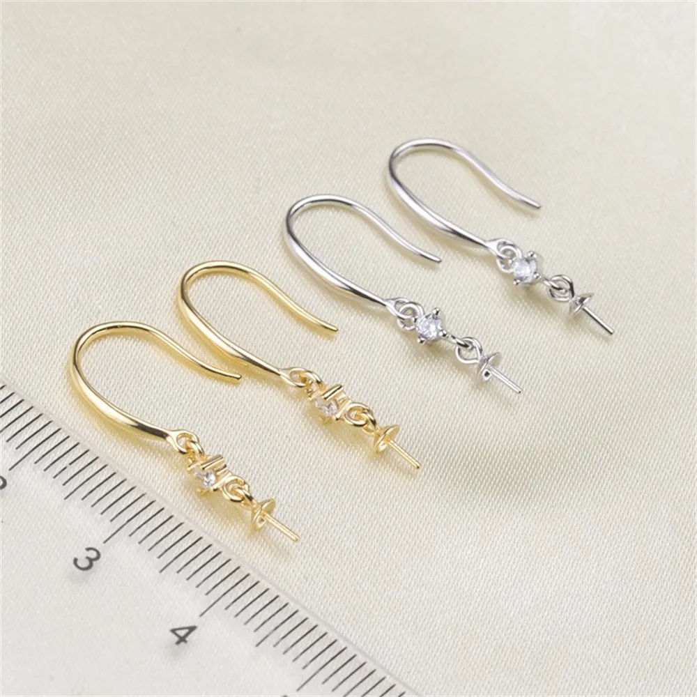 DIY Pearl Accessories S925 Silver Exquisite Single Diamond Pearl Earrings Empty Support Fit 8-10mm Round Elliptical Beads E187