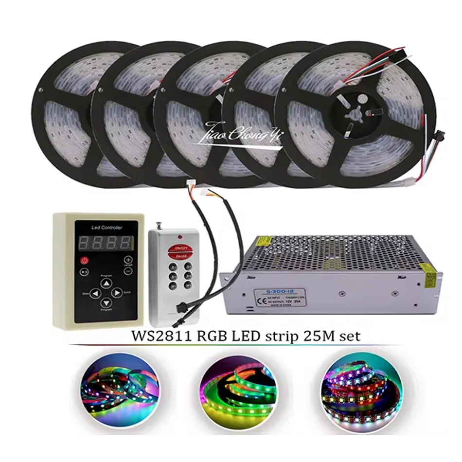 WS2811 12V RGB Dream full color 5050 30LED/M LED Strip Light +RF Remote controller + LED Power kit