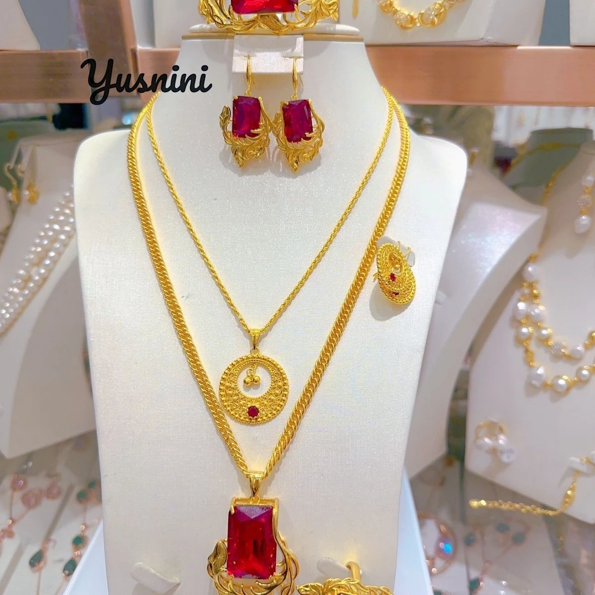 Fashion Europe 24K Gold Plated High End Necklace Earrings Rings Bracelets Wedding Party Gifts Jewelry Set for Lovers DD11009