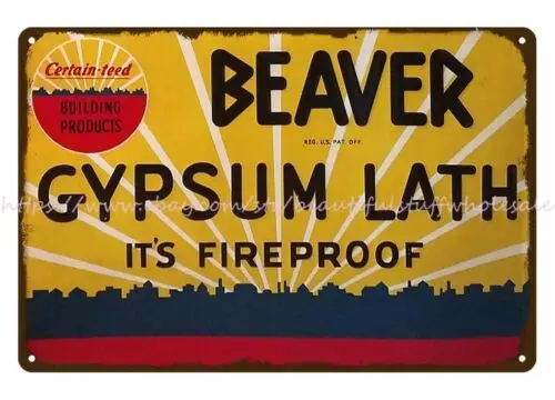 man cave home kitchen wall art BEAVER GYPSUM lath metal tin sign