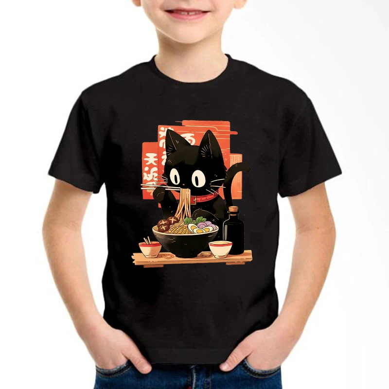 Cat Eat Ramen Kawaii Design Prined  T Shirts Manga Kids Children's T-shirt Boys Girls Summer Spring Casual Top Tee
