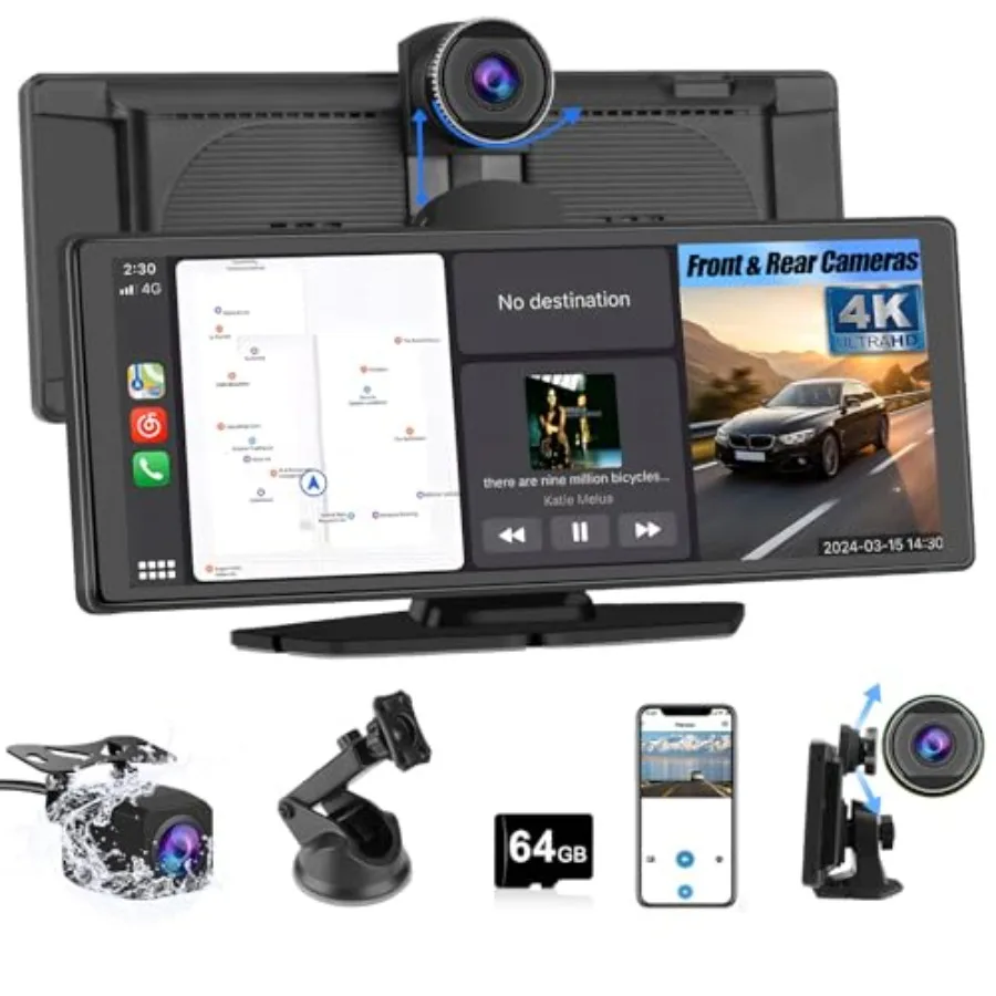 

Portable Wireless CarPlay Screen for Car: 10.26 IPS Touchscreen 4K Dash Cam + 1080P Backup Camera Black ABS Plastic Ultra-Slim