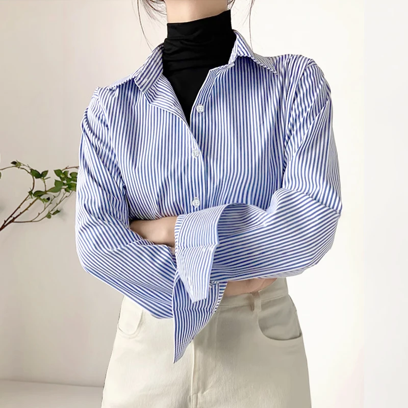 2024 New Women\'s Casual Shirt Comfortable Simple Striped Blue And White Classic Retro Spring And Autumn Long Sleeve Top