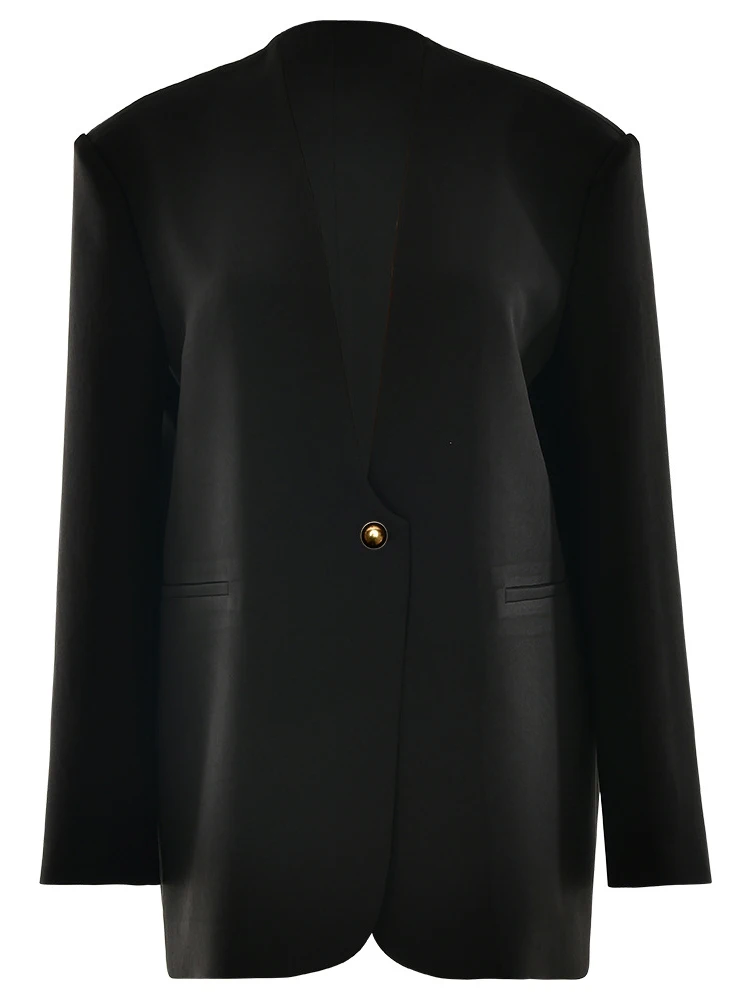 Fantoye مثير العميق الخامس الرقبة منصات الكتف المرأة السترة الكاكي طويلة الأكمام زر واحد سترة الشتاء فضفاضة أنيقة السترة معطف 2025 #6