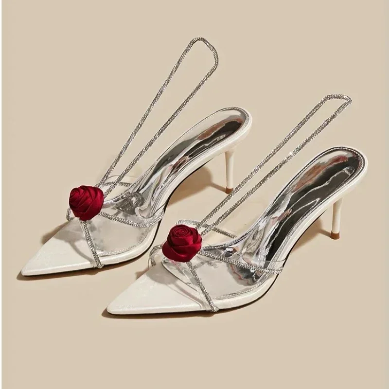 Sexy Rose Blume Strass Sling back Frauen Sandalen schmales Band spitzen Zehen zurück Riemen High Heels Luxus Hochzeits kleid Schuhe