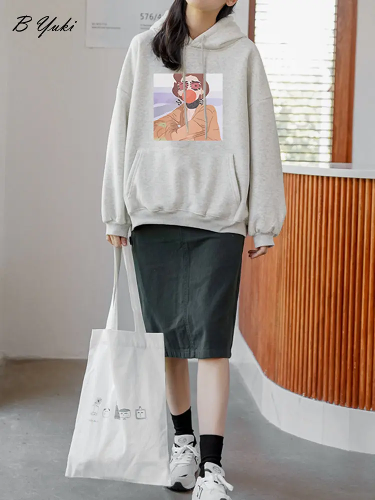 Blessyuki Harajuku Winter Thick Warm Hoodies Women Oversized Fashion Girl Print Cotton Sweatshirt Female Simple Chic Pullover