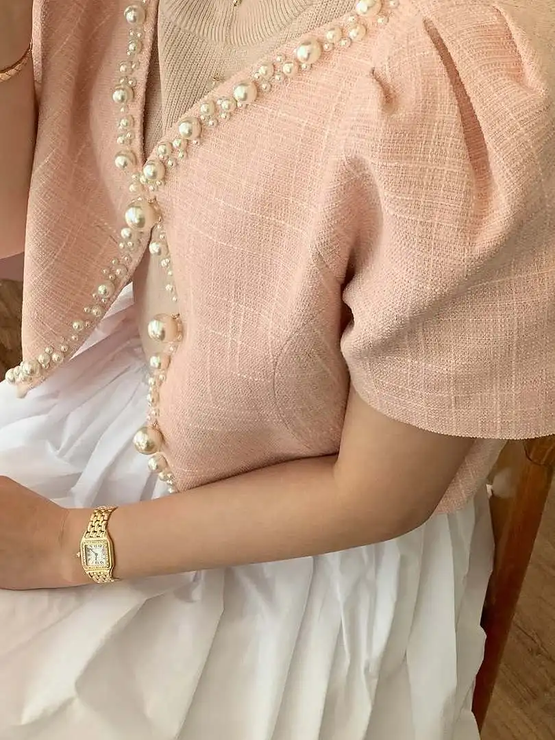 

Pearl Decorated Plaid Texture Wide Suit Jaet ort Bubble Sve Women's Faion Vintage Sle Polyester Material round Nec...