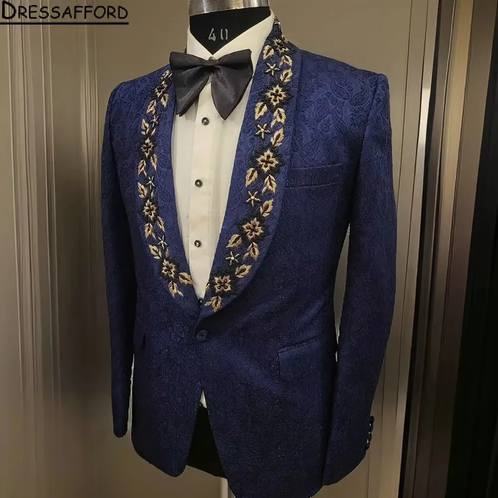 Costumes tissés en jacquard bleu royal pour hommes, smokings de mariage pour marié, blazers queProm, appliqué, abaissé à 2 pièces