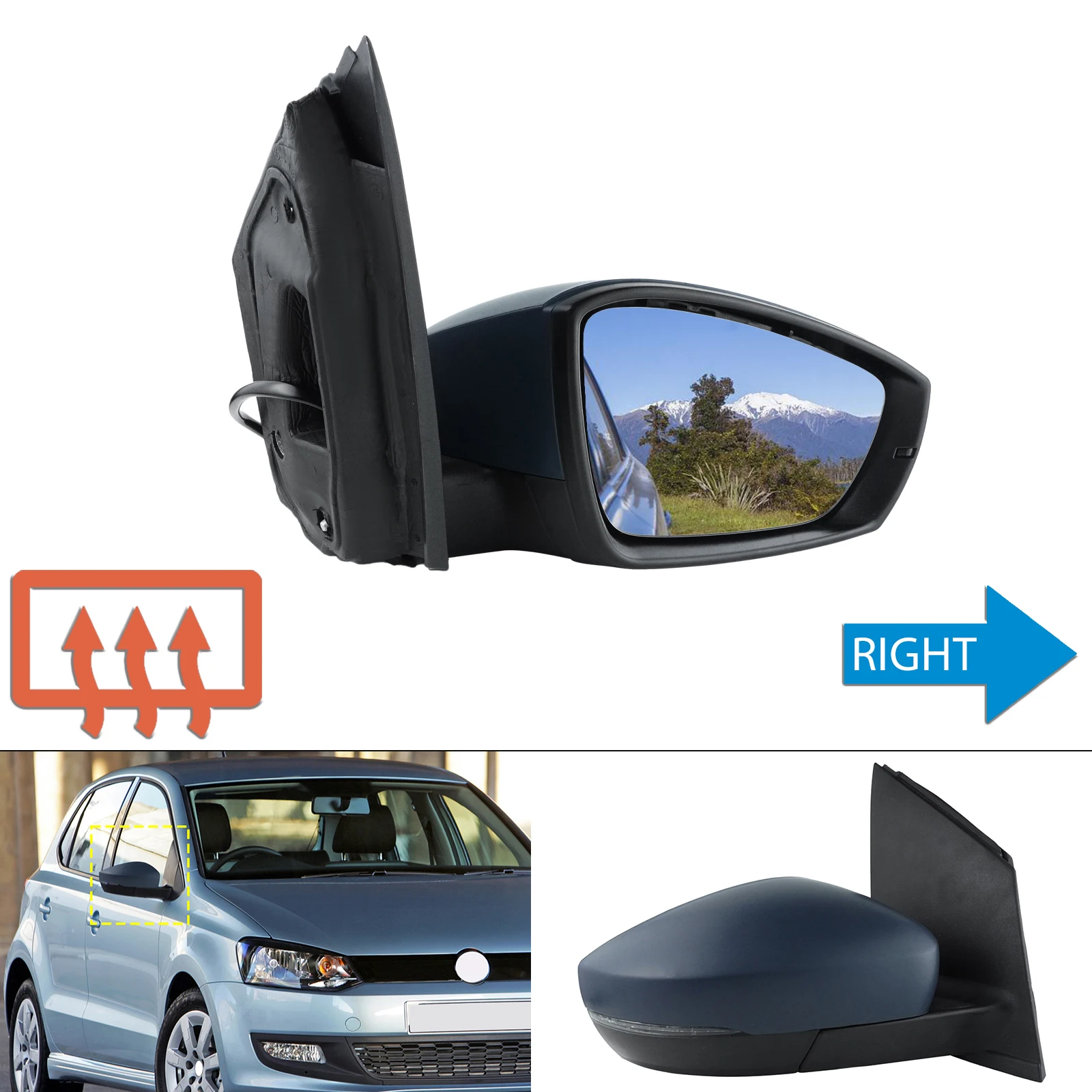 For VW Polo MK5 6R Hatch 2009-2018 Right Wing Door Mirror Electric Heated Primed