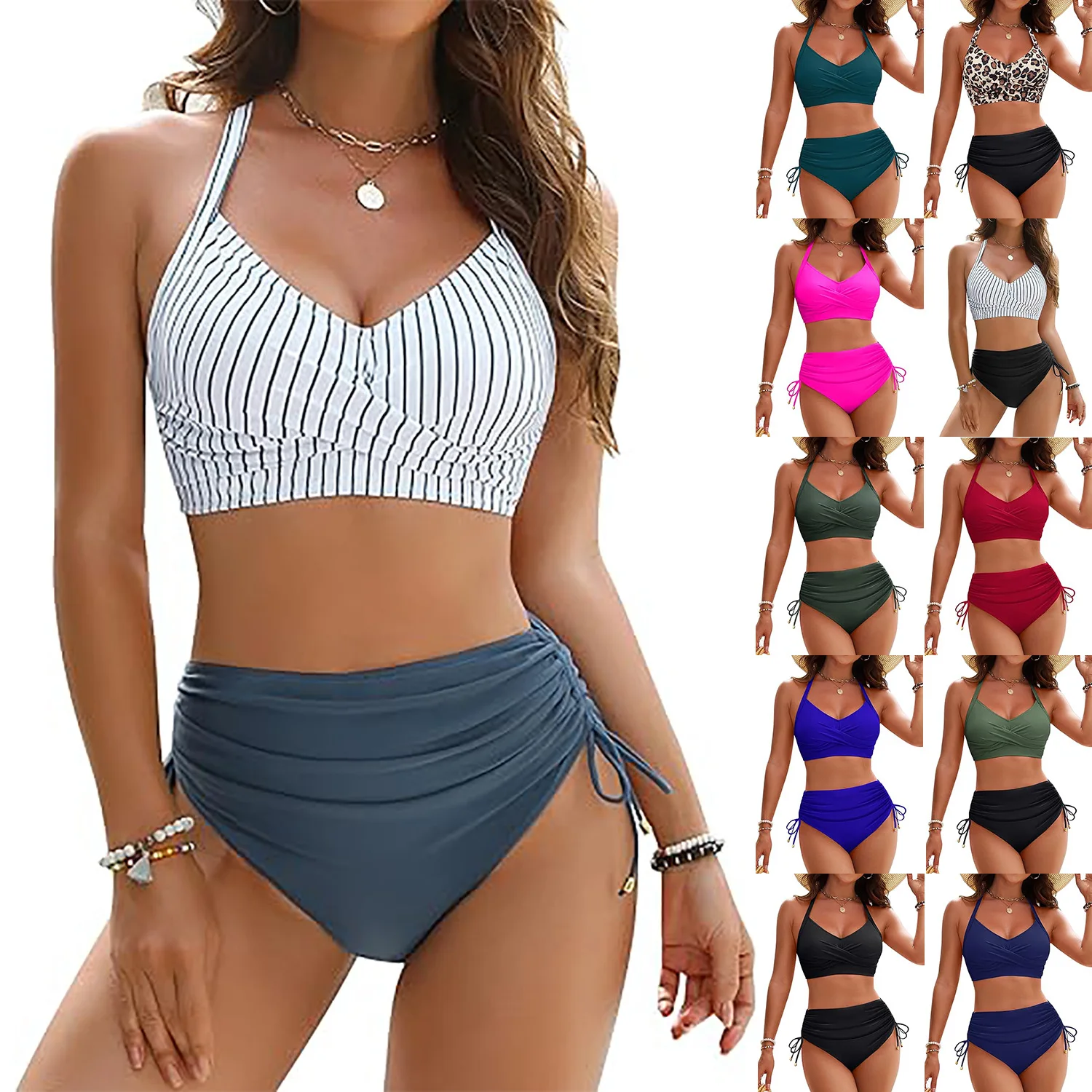 

Swimsuit 2025 New Style European and American Split Swimsuit Female Sexy High Waist Drawstring Bikini Swimsuit