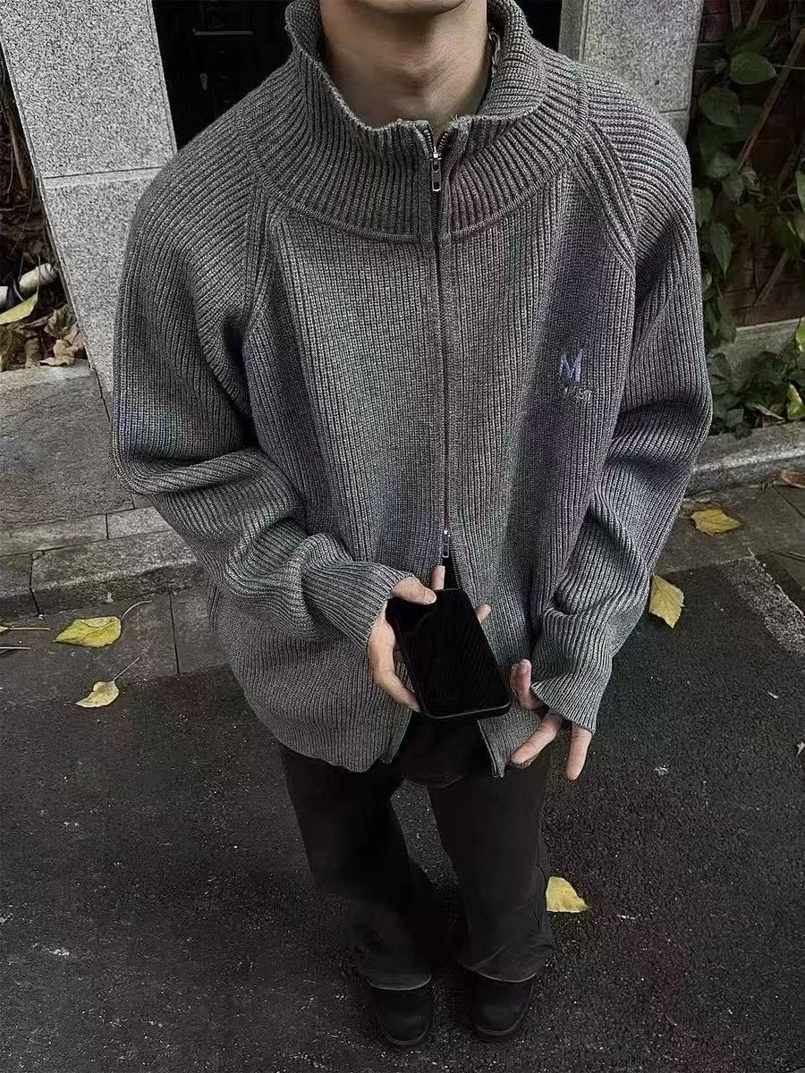 

Американский ретро простой свитер с двойной молнией и высоким воротником для мужчин и женщин, осень-зима, новый повседневный свободный вязаный свитер