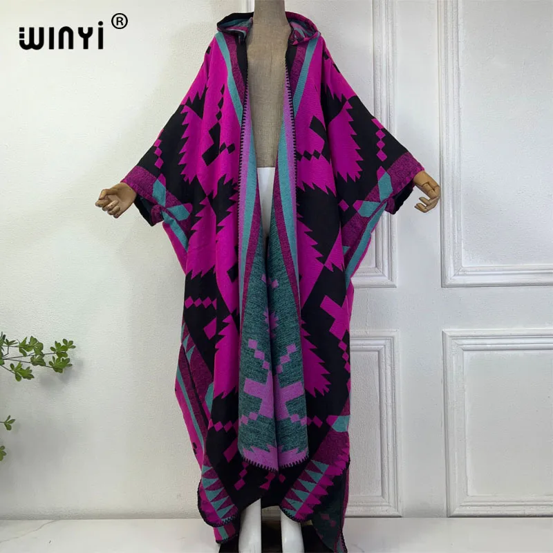 WINYI African Winter coat outfits Women high quality dress Loose autumn Female kaftan poncho dress Hooded mop coat fashion Abaya