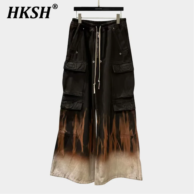HKSH Dark RO Men Safari Style Denim Pants Spring New High Street Trend Tie Dyed Wide Leg Fashion Punk Jeans Chic Vintage HK3973