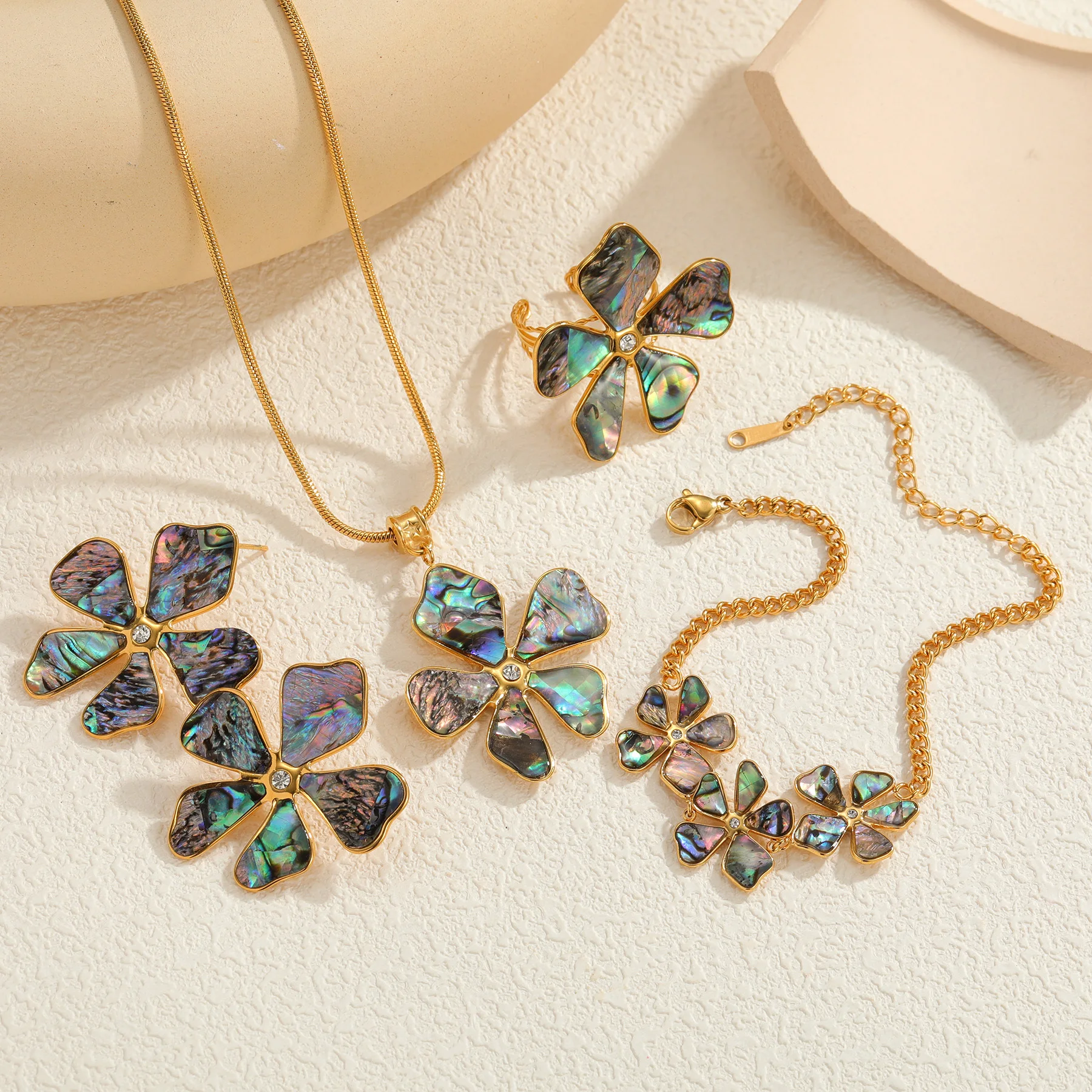 Bohemian Abalone Shell Flower Necklace Bracelet Stud Earrings Ring Jewelry Set For Women Gold Plated Luxury Beach Party Gift - view 6