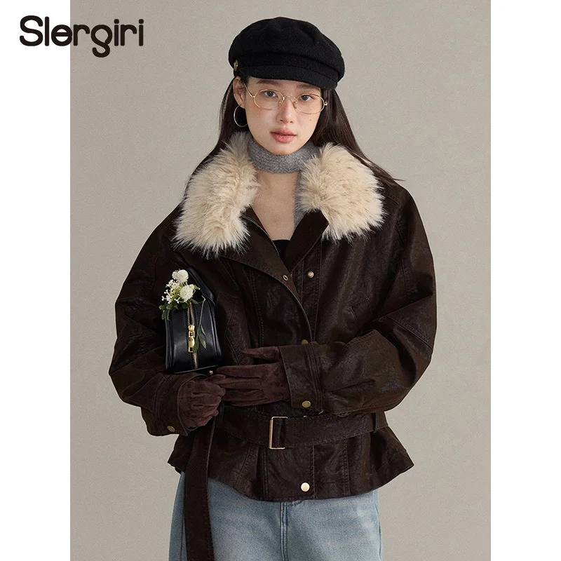 Slergiri Fleece Gevoerde Dikker Bontkraag Pu Leren Jas Vrouwen Mode Nieuwe 2026 Herfst Winter Losse Belted Warme Outerwears