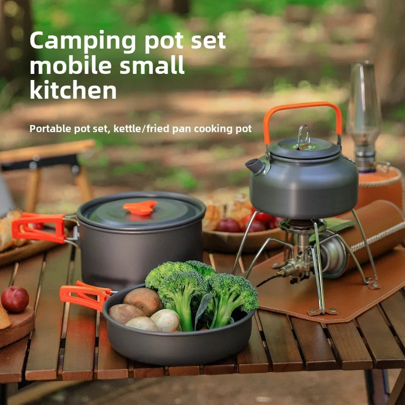 

Outdoor Camping Cookware Set for 2-3 Person Portable Non-stick Pots Including Teapot Tableware Picnic Camping Cooking Set