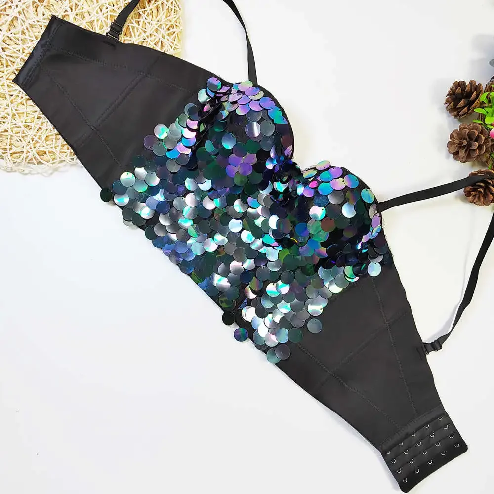 Klub imprezowy Streetwear Bielizna Stylizacja Kostiumy sceniczne Seksowny Gorset Rybia łuska cekiny Top Bez Rękawów Błyszczące Kropki Gorsety Biustonosz