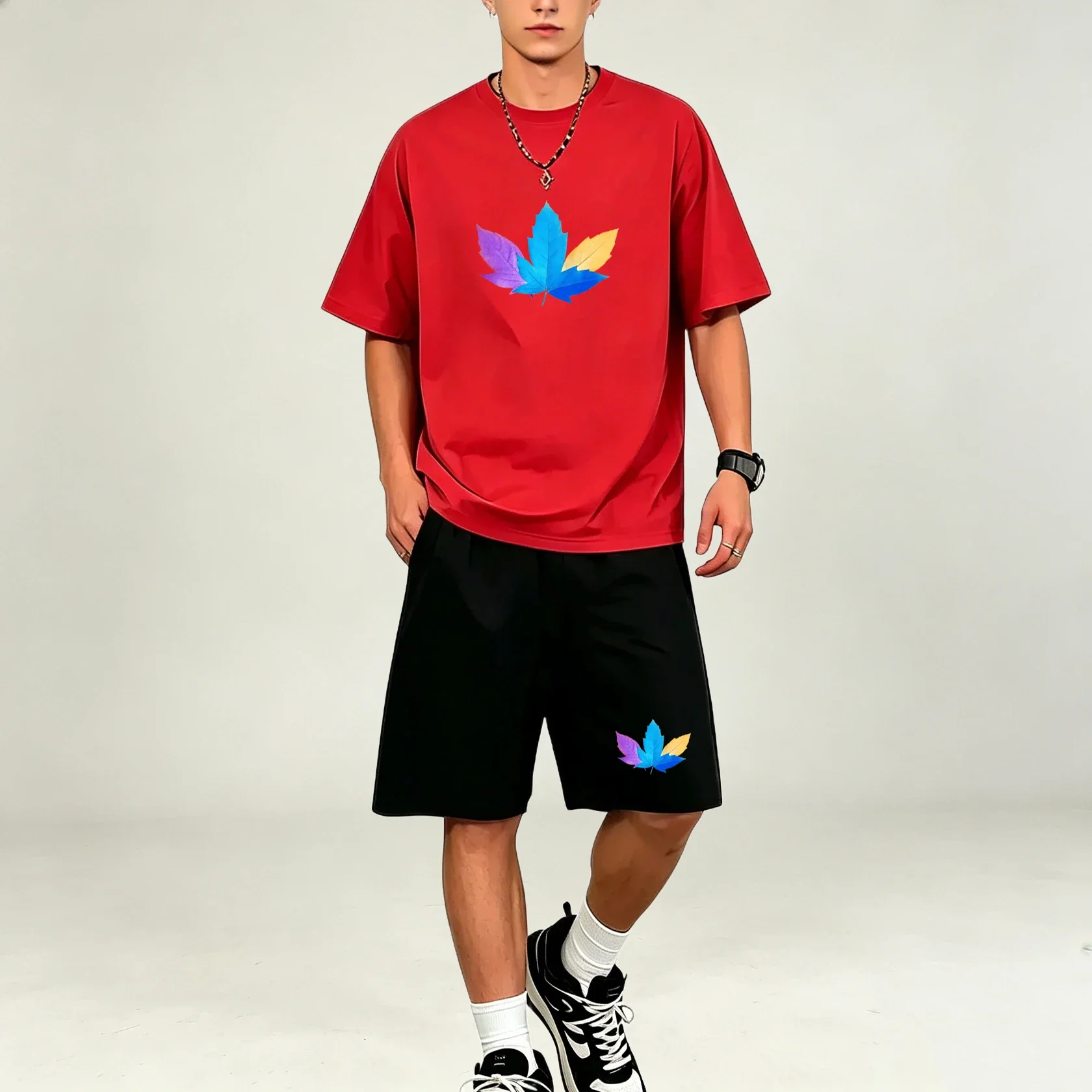Summer Three Color Leaf Pattern Print Sports Men T-Shirts Sets Quick Dry Oversized Short Sleeve T-Shirt Pocket Shorts Daily Sets view 4
