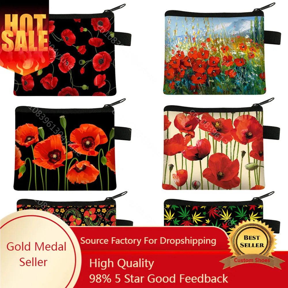 

Fashion Red Poppy Flower Print Coin Purse Women Harajuku Wallet Small Clutch ID Credit Card Money Holder Bags Hip Hop Coin Bag