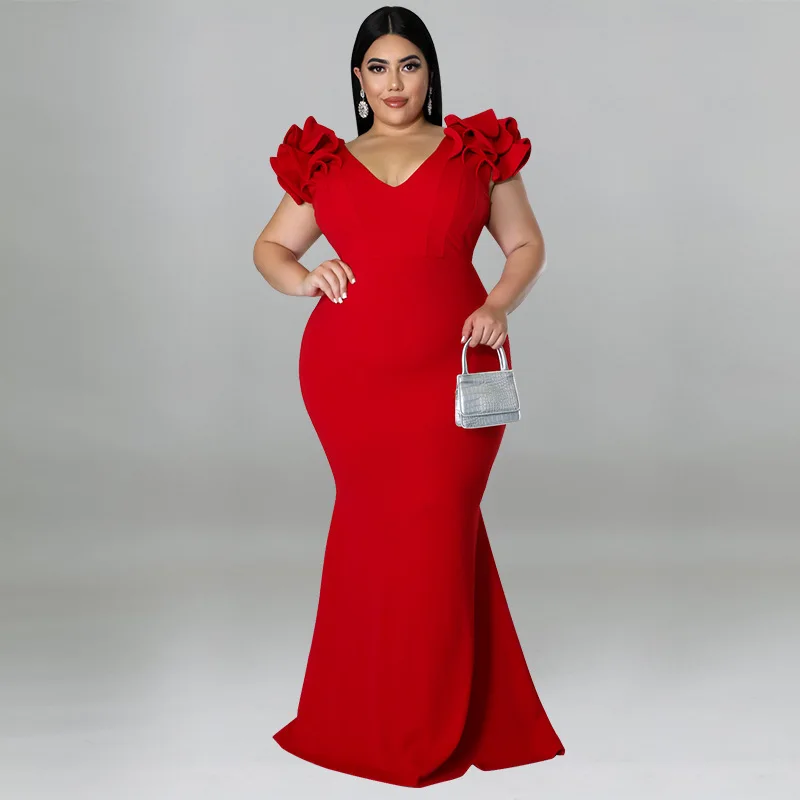 

Plus Size Chubby Party Dress Female Ruffle Sleeve Vestido Elegant Wedding Long Robe 2023 Women Luxury Pretty Evening Dress