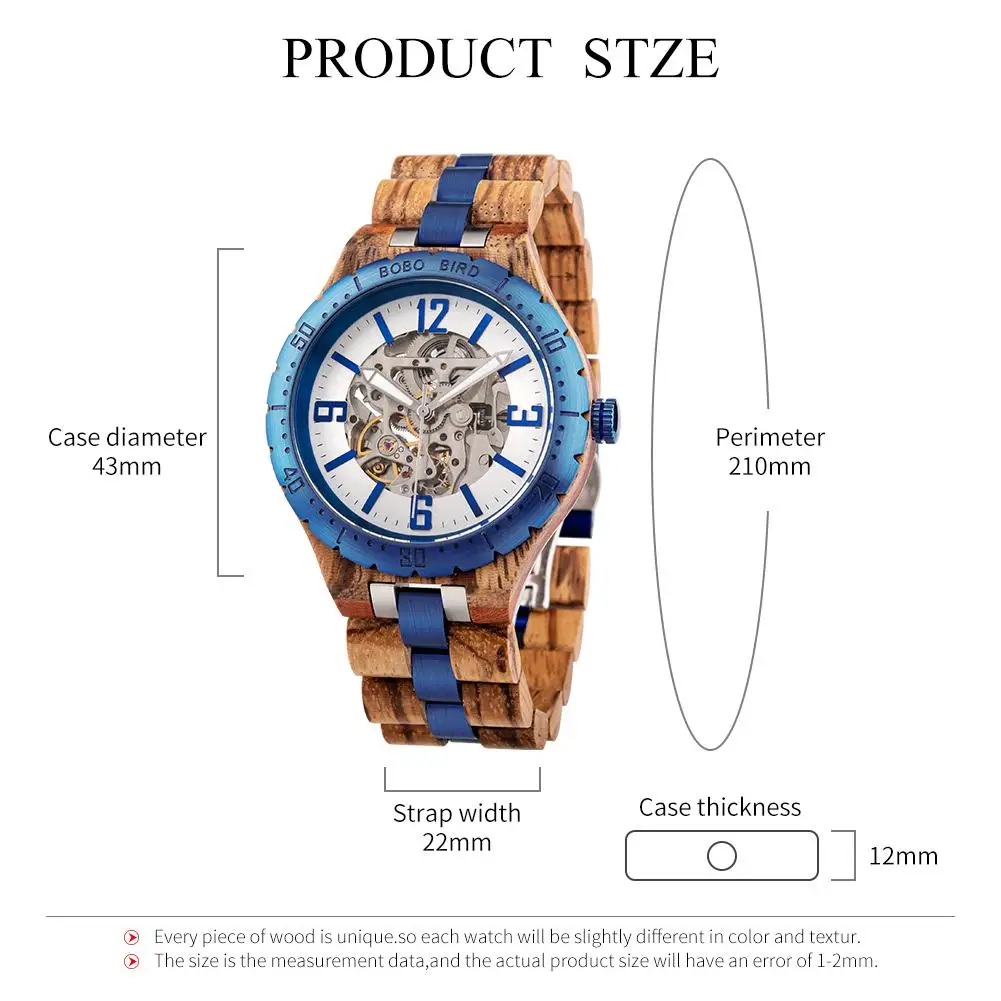Reloj mecánico para hombre BOBO BIRD, nombre personalizado, carcasa trasera, texto, reloj de pulsera de madera azul de negocios, movimiento mecánico de calidad, regalo