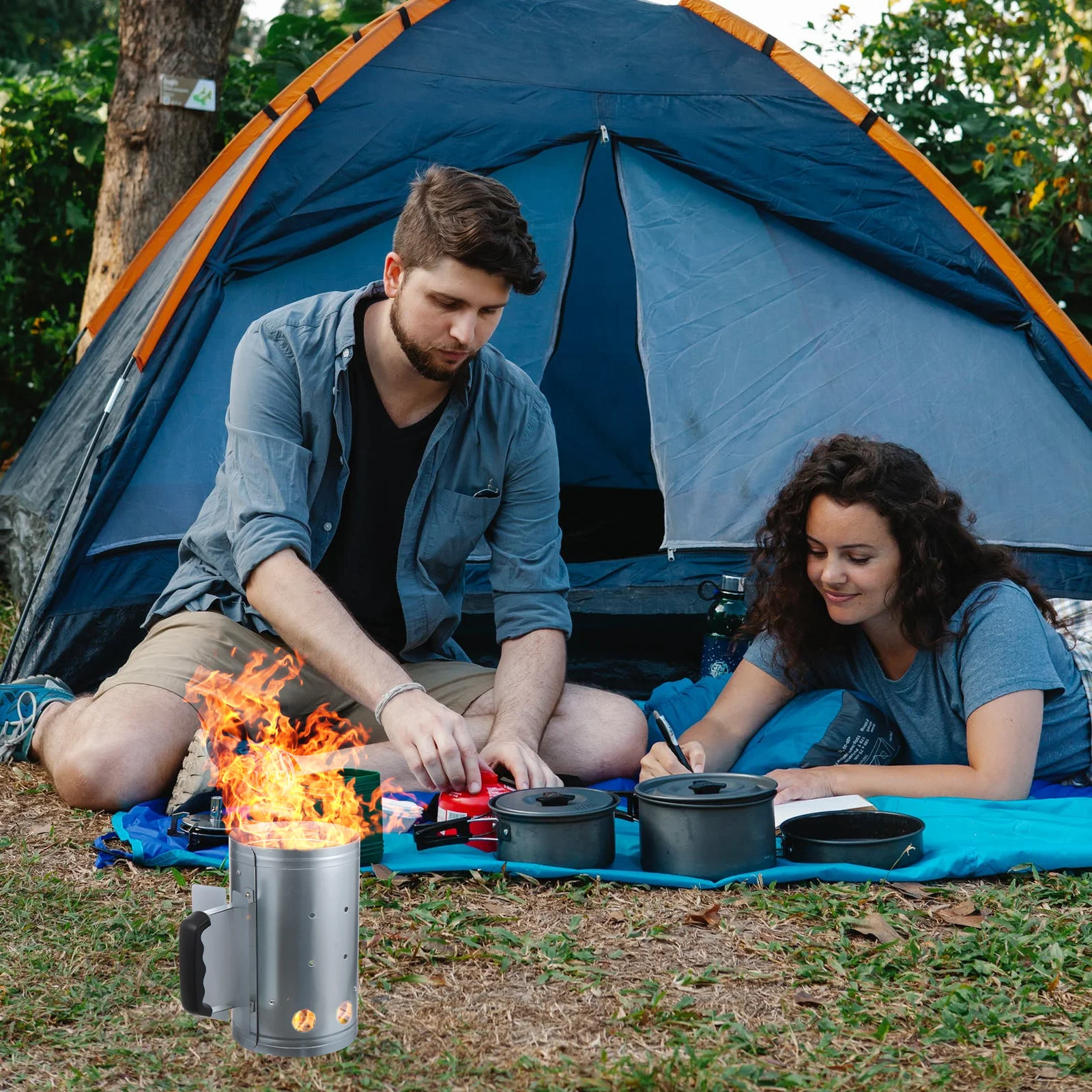 

1pc Outdoor Portable Charcoal Chimney Starter Heat-Resistant Handle Fast Lighting For Bbq Grill Campfire Pizza Oven Fire Starter