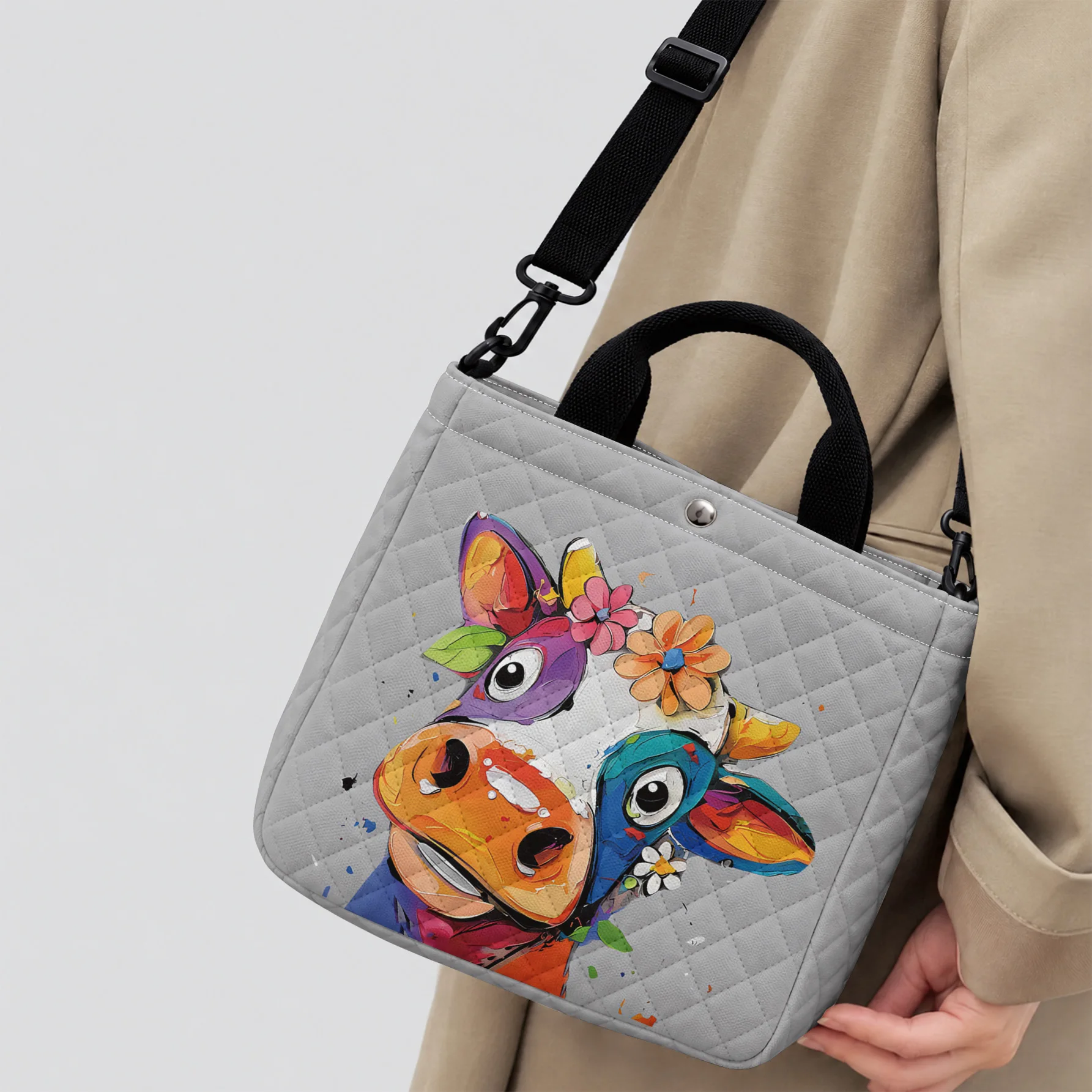 Colorful Art Cow Floral Quilted Tote Bag, Removable Crossbody Strap Handbag For Commuting, Shopping And Daily Use