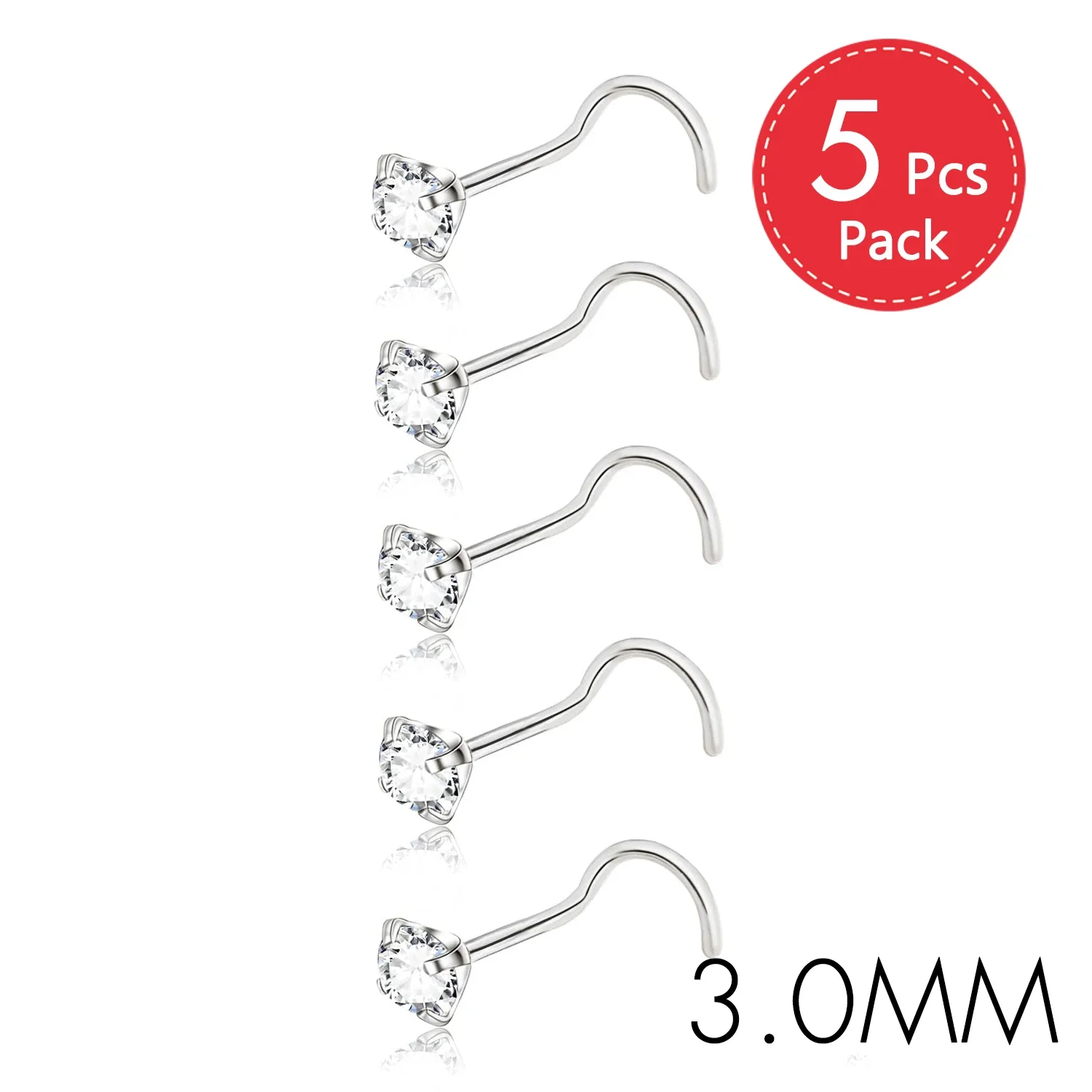 CZ Gem Stainless Steel Nose Piercing Studs, 5Pcs Set