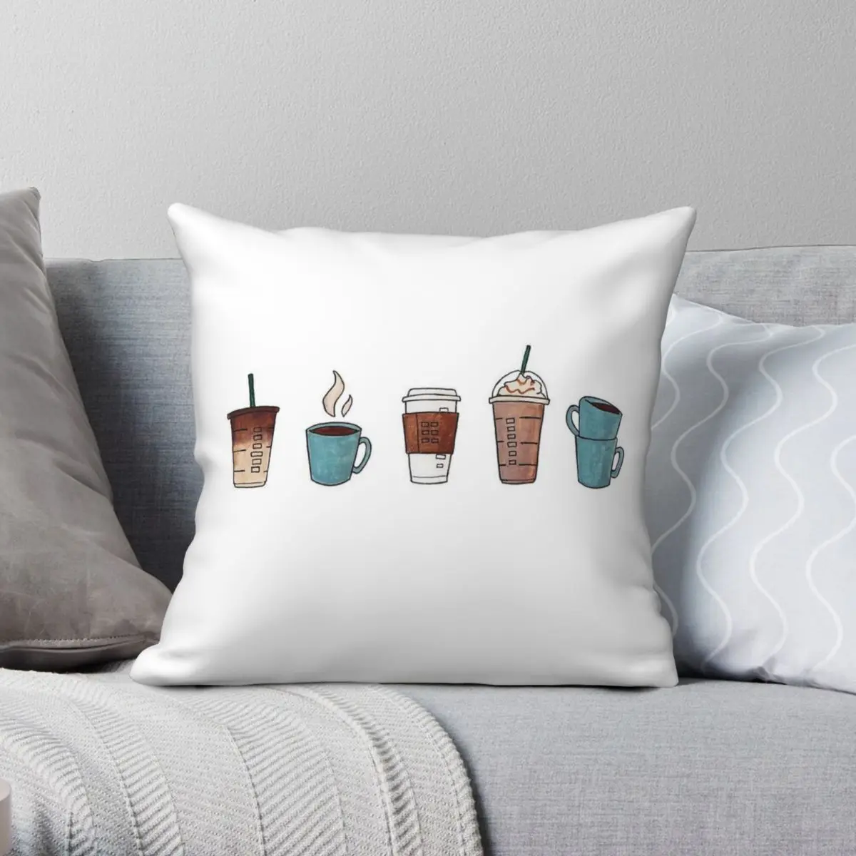 Coffee Cup Drink Square Pillowcase Polyester Linen Velvet Printed Zip Decorative Throw Pillow Case Sofa Seater Cushion Cover