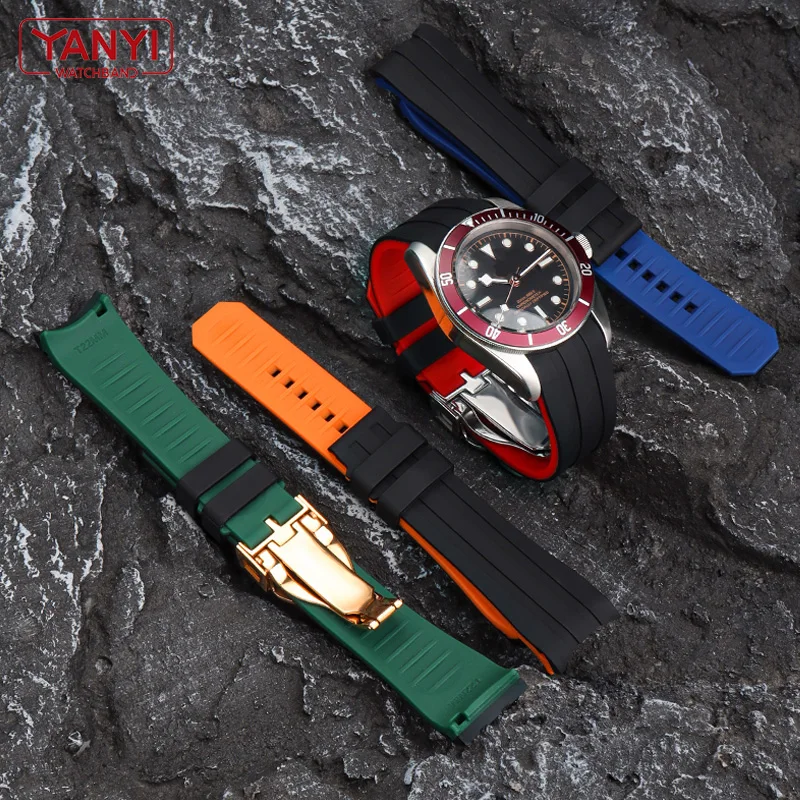 High quality Rubber bracelet 22mm 20mm watchband two color watch strap for omega seiko tudor rolex casio watches band curved end