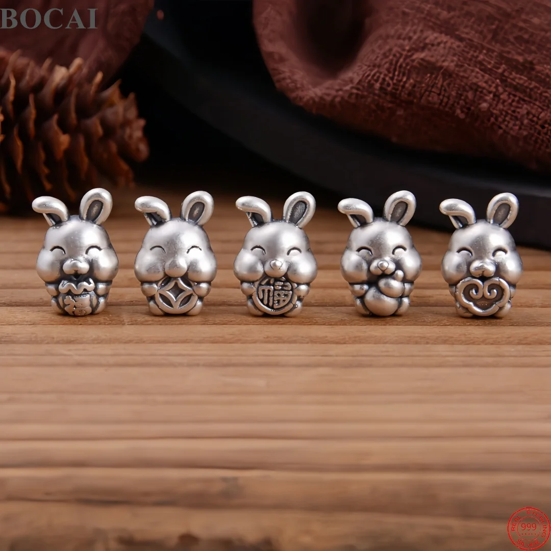 BOCAI S999 Sterling Silver Hand String Accessories Spacer Beads Pendant Antique Silver Cute Rabbit Charm Fine Jewelry Wholesale
