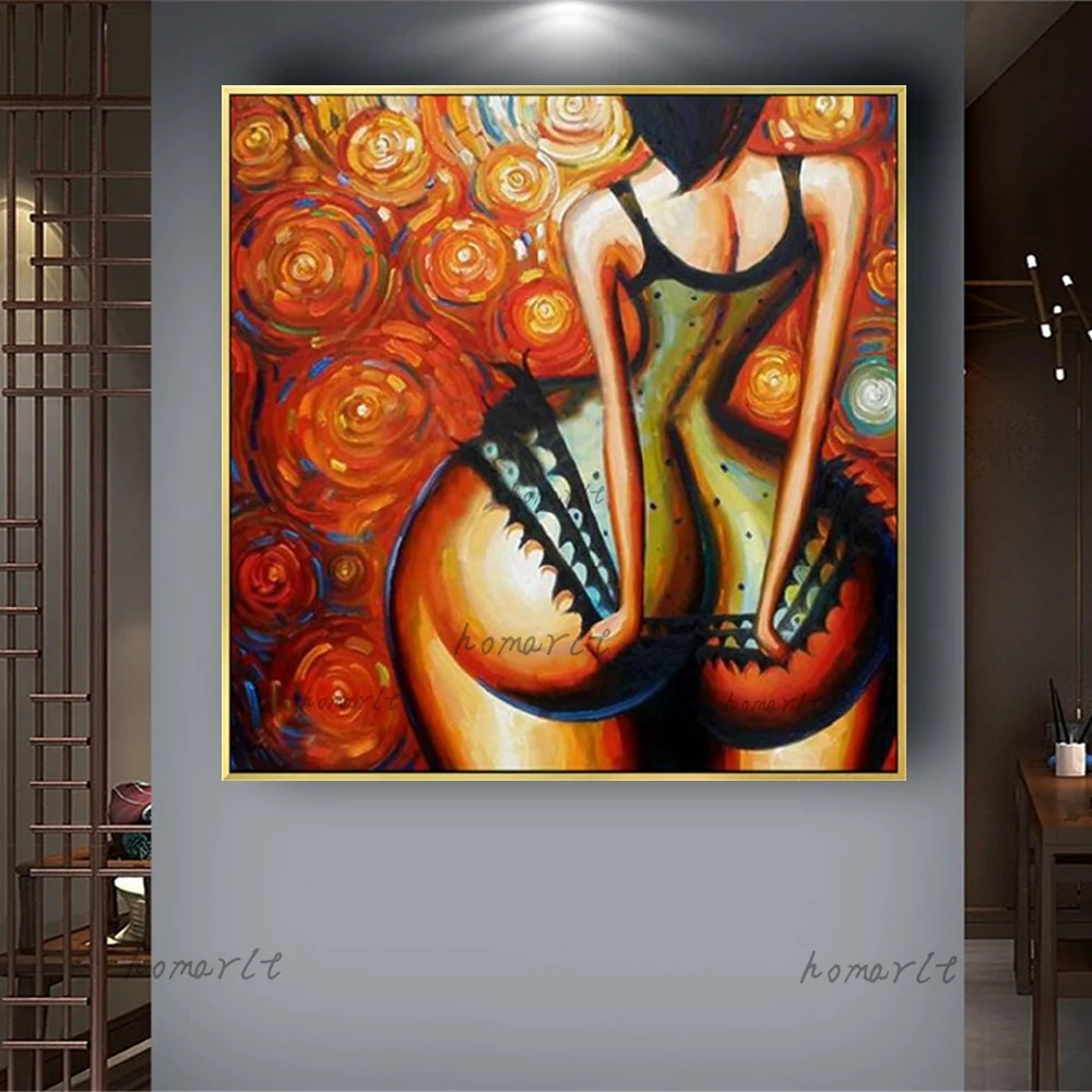 

Real Hand-Painted Oil Painting Retro Woman Wall Art Picture Interior Mural Exaggerated Big Butt Hang Poster Decor Home Hotel