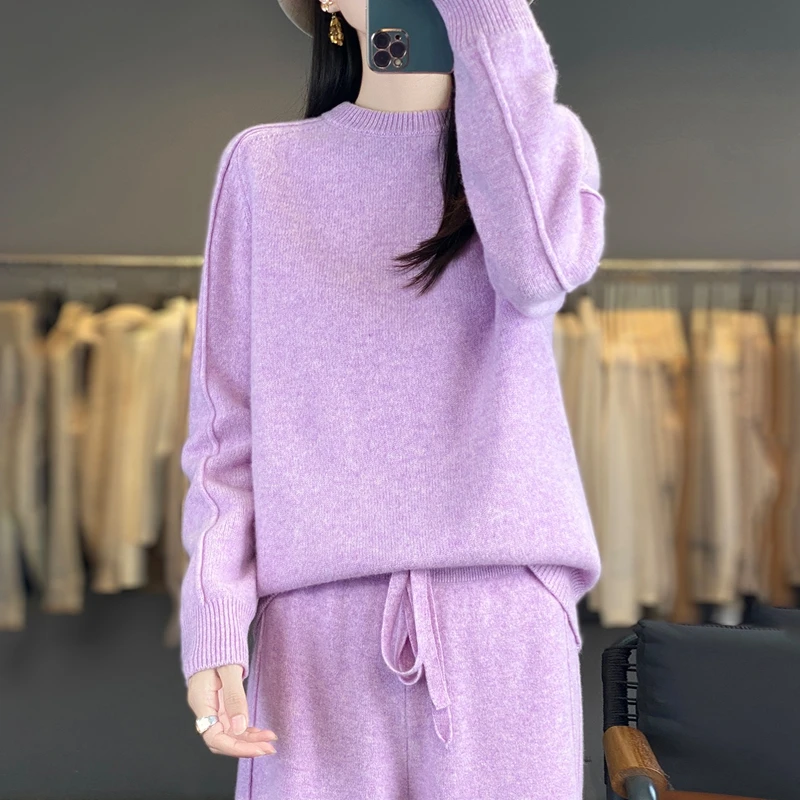 2-Piece Set Women's Clothing 100% Merino Wool Autumn and Winter Knitted Set O-Neck Sweater Straight Leg Long Wide Leg Pants