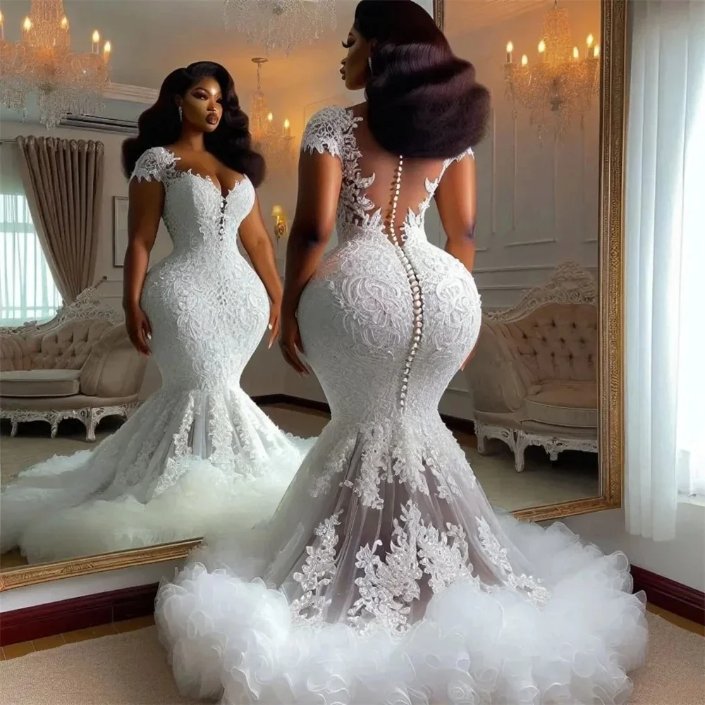

Customized Aso Ebi Wedding Dresses for Women Black Girls Cap Sleeeves Appliques Lace African Bridal Gowns Vestido De Novia