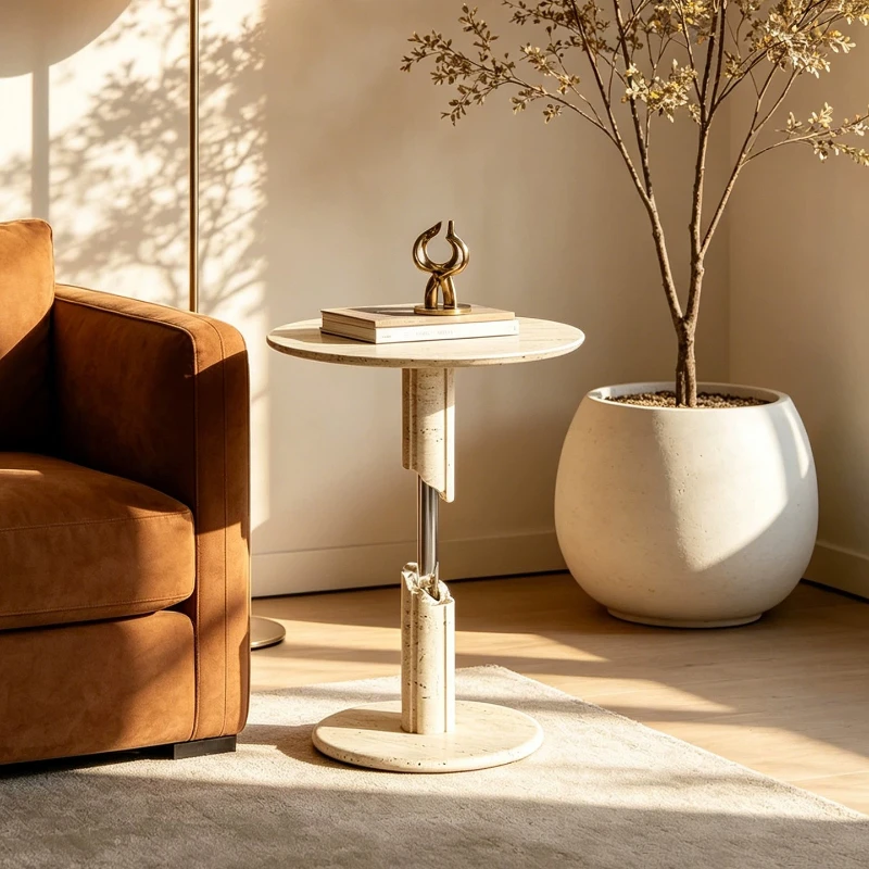 Cream wind natural travertine edge few round designer living room marble sofa corner few light luxury small round table