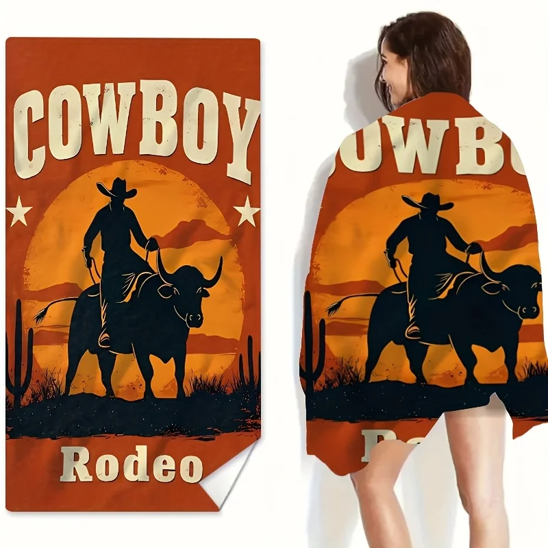 Rustic Cowboy Rodeo Towel, Bold Black Silhouette on Orange Sunset Background Print Bath Towel, Classic Western Summer Essential