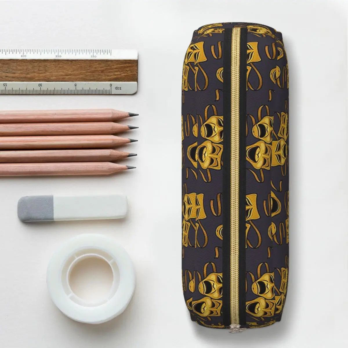 Gold Comedy And Tragedy Theater Masks Pencil Cases Student School Pen Box Pencil Bag Pencil Pouch Storage Stationery Supplies view 6