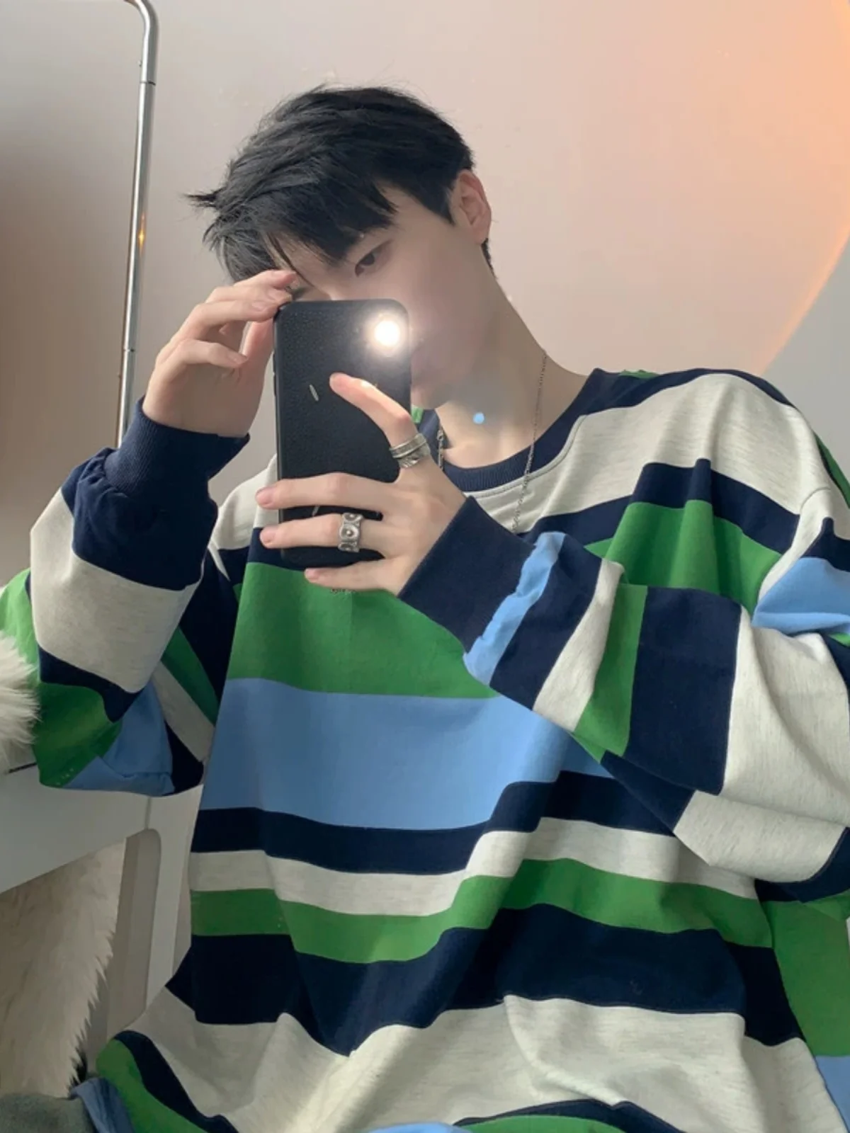 

Pure Cotton Color Blo Striped Sweatirt Men's Hong Kong Sle Loose Couple round Ne Overhead Long Sve Basic T-irt