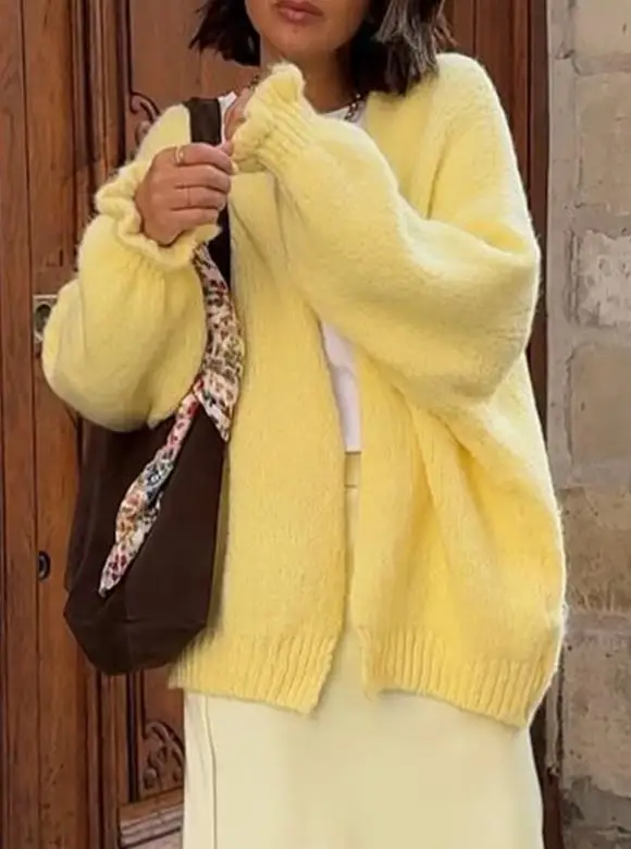 

2025 Autumn and Winter Solid Color Loose Knit Cardigan for Women, Fashionable and Simple, Pleated Cuffs, Loose Sweater Cardigan